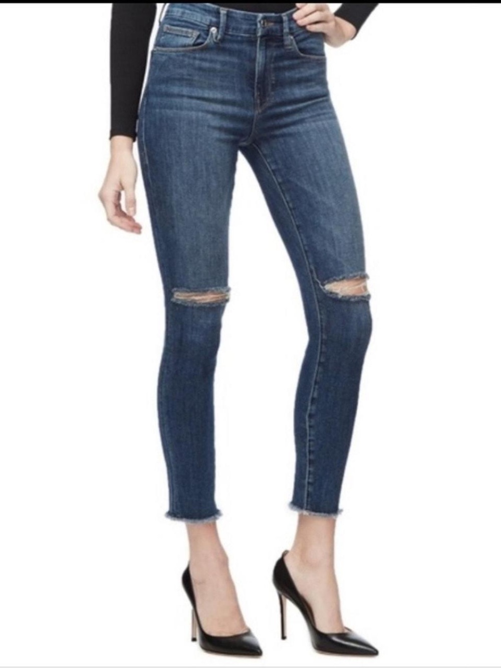 Good American Dark Blue High-Rise Ripped Ankle Skinny Jeans